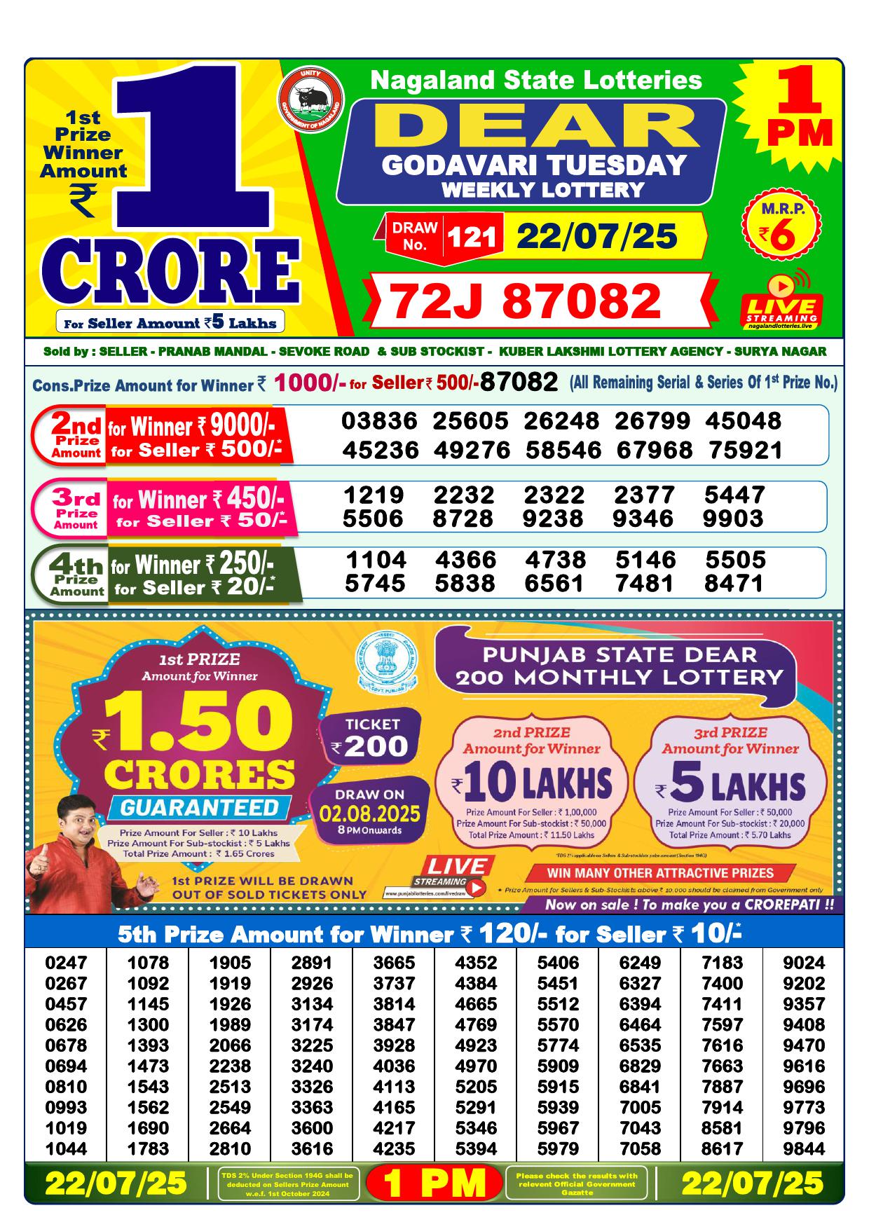 Dear Lottery Result Today(23-7-2025) | 1 PM 6 PM 8 PM